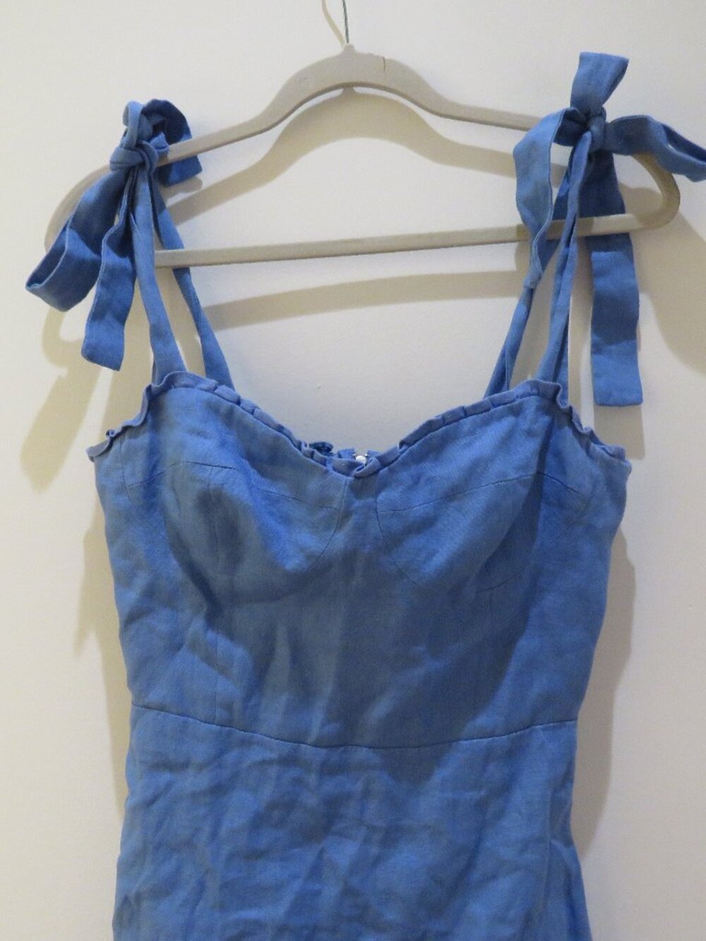 REFORMATION Desiree Linen Mini Dress Dusk Blue US 6 Coquette Smocked - Picture 4 of 13